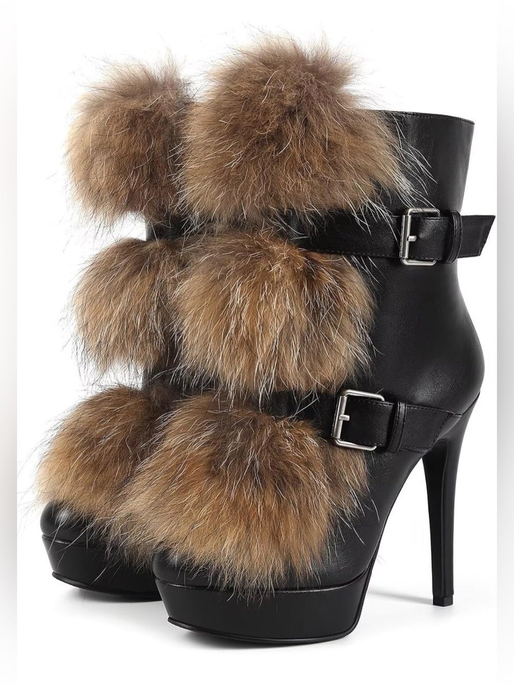 Genuine Fox Fur Stiletto Platform Ankle Boots Black Brown 5 Inch Heels